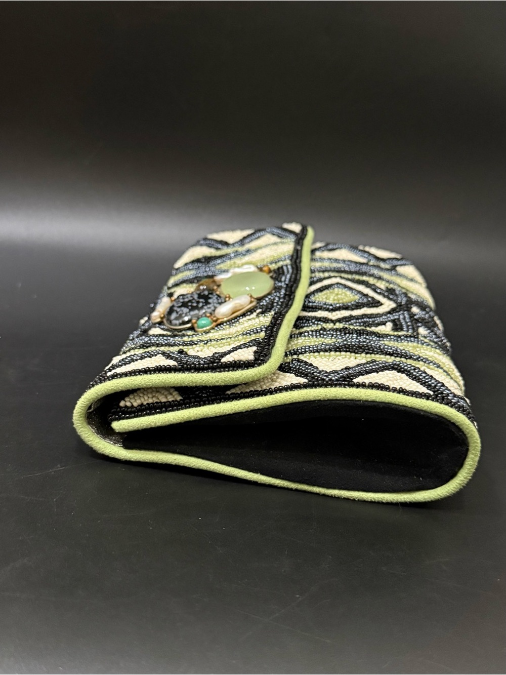 MARY FRANCES Geometric Beaded Natural Gemstones Cluster Embellished Evening Bag - Picture 3 of 16